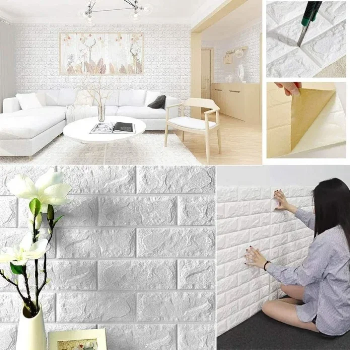 3D Form Wallpaper Wall Panels White Brick 70cm X 77cm (Pack of 5)