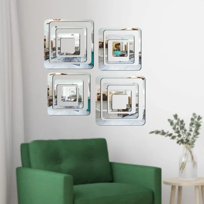 Square Decorative Wall Mirror Stickers Free Sizes (Silver, Set of 12) - Easy Marmo