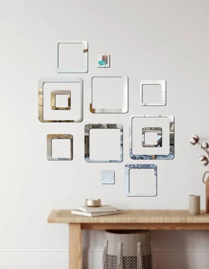 Square Decorative Wall Mirror Stickers Free Sizes (Silver, Set of 12) - Easy Marmo