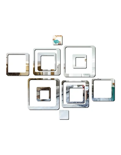 Square Decorative Wall Mirror Stickers Free Sizes (Silver, Set of 12) - Easy Marmo